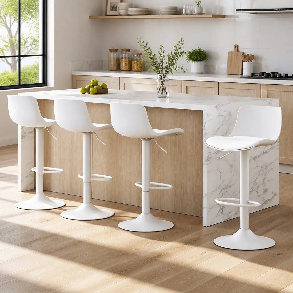 Bar Stools PU Leather Adjustable Height Swivel 4 Piece White