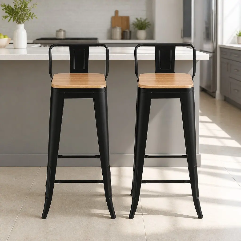Bar Stools Industrial Metal Frame MDF Seat 77cm Black with Pine Accents