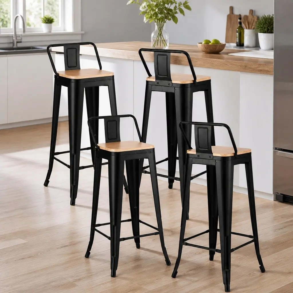 Bar Stools Metal Frame MDF Seat 77cm Height Black Pine Set of 4