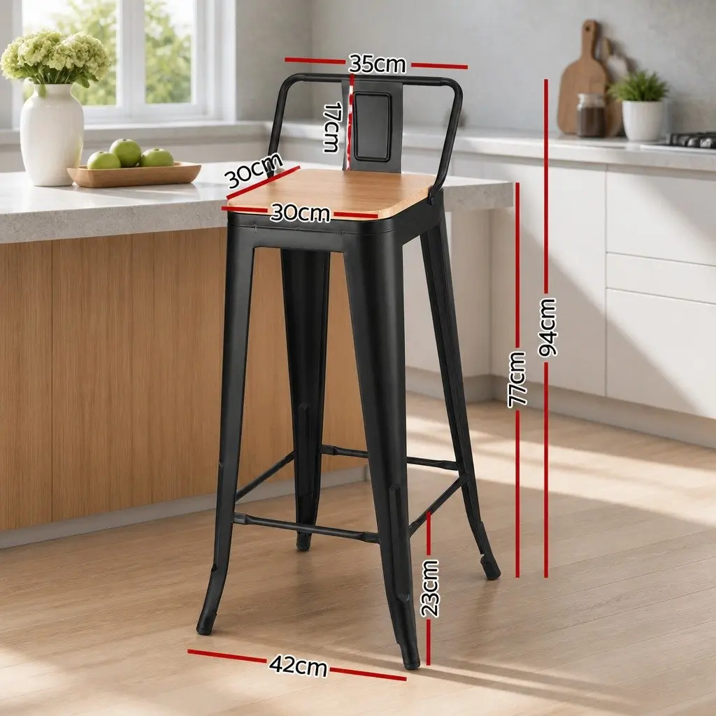 Bar Stools Metal Frame MDF Seat 77cm Height Black Pine Set of 4