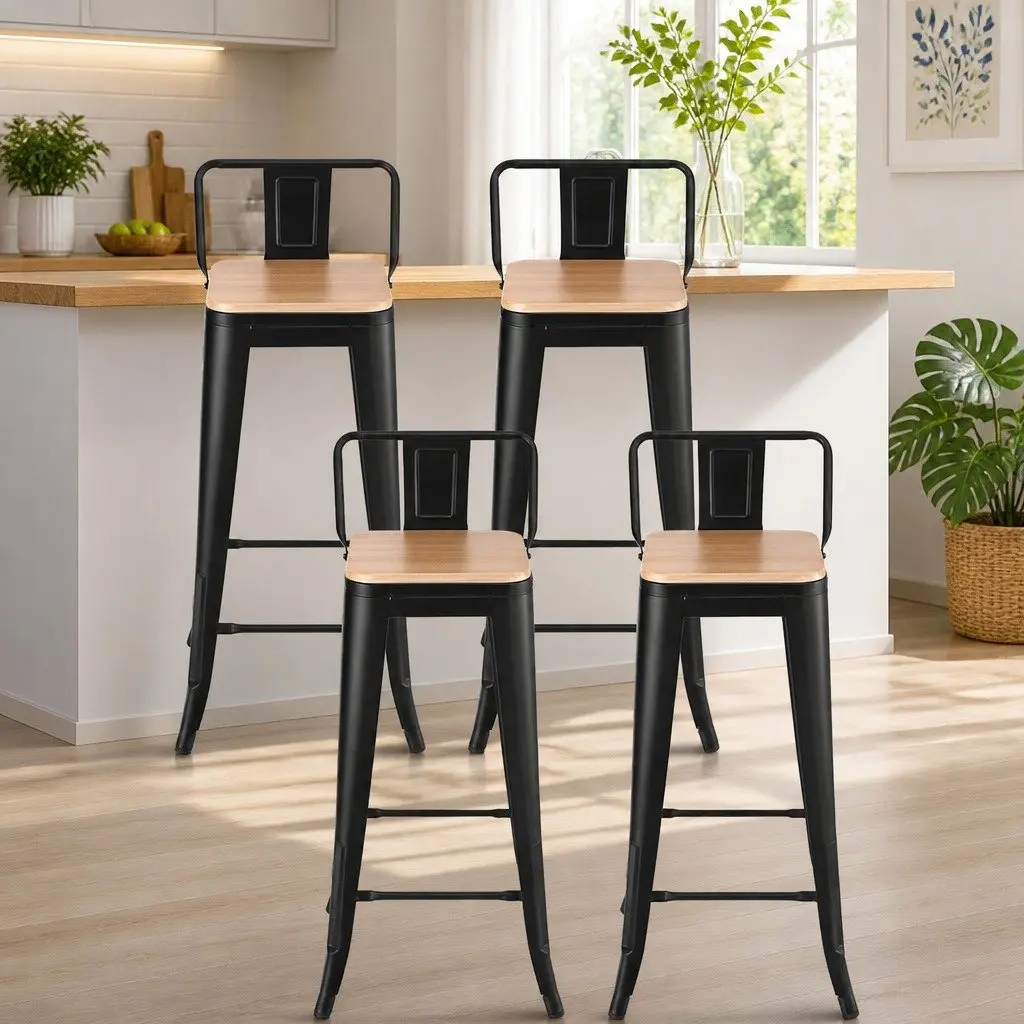 Bar Stools Metal Frame MDF Seat 77cm Height Black Pine Set of 4