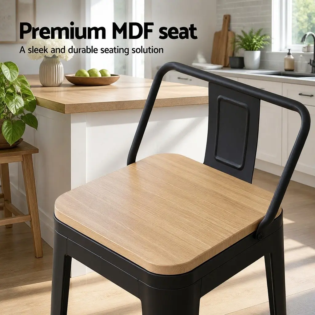 Bar Stools Metal Frame MDF Seat 77cm Height Black Pine Set of 4