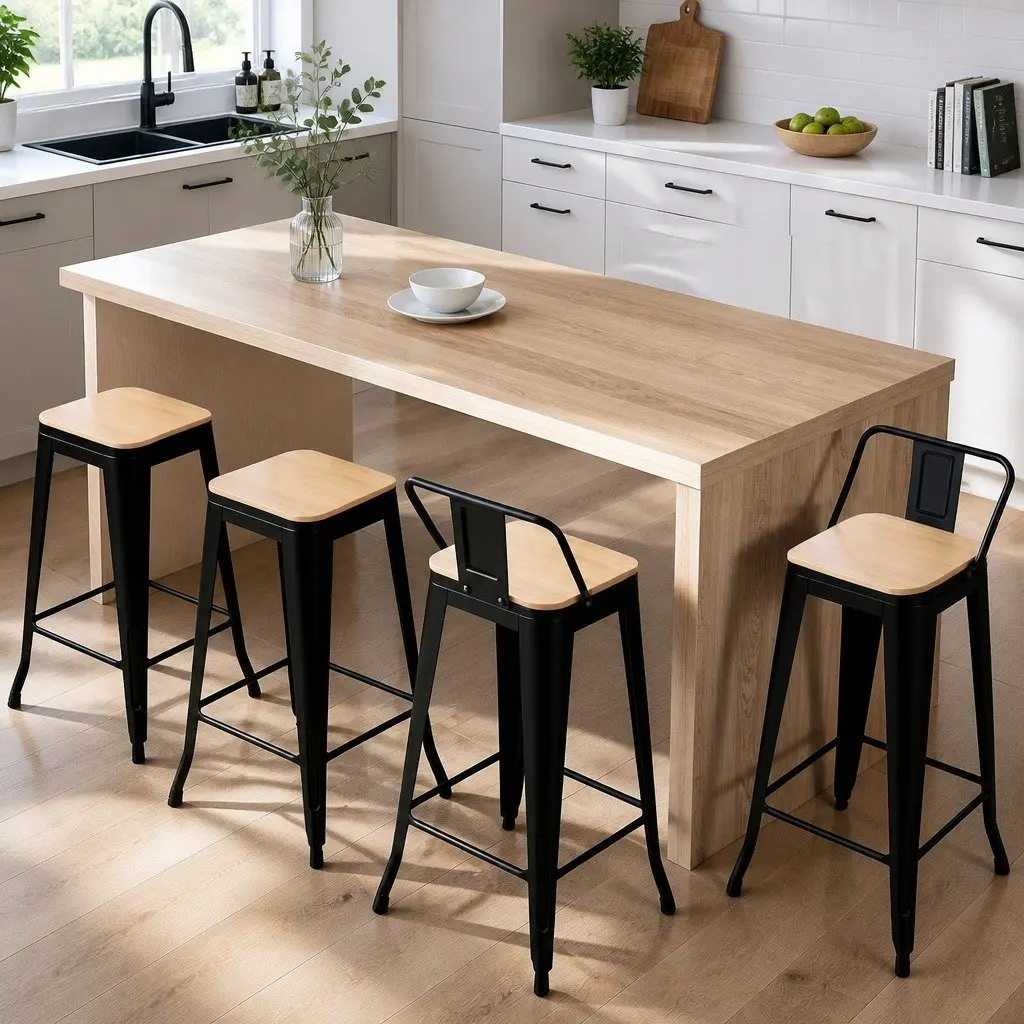 Bar Stools Metal Frame MDF Seat 77cm Height Black Pine Set of 4