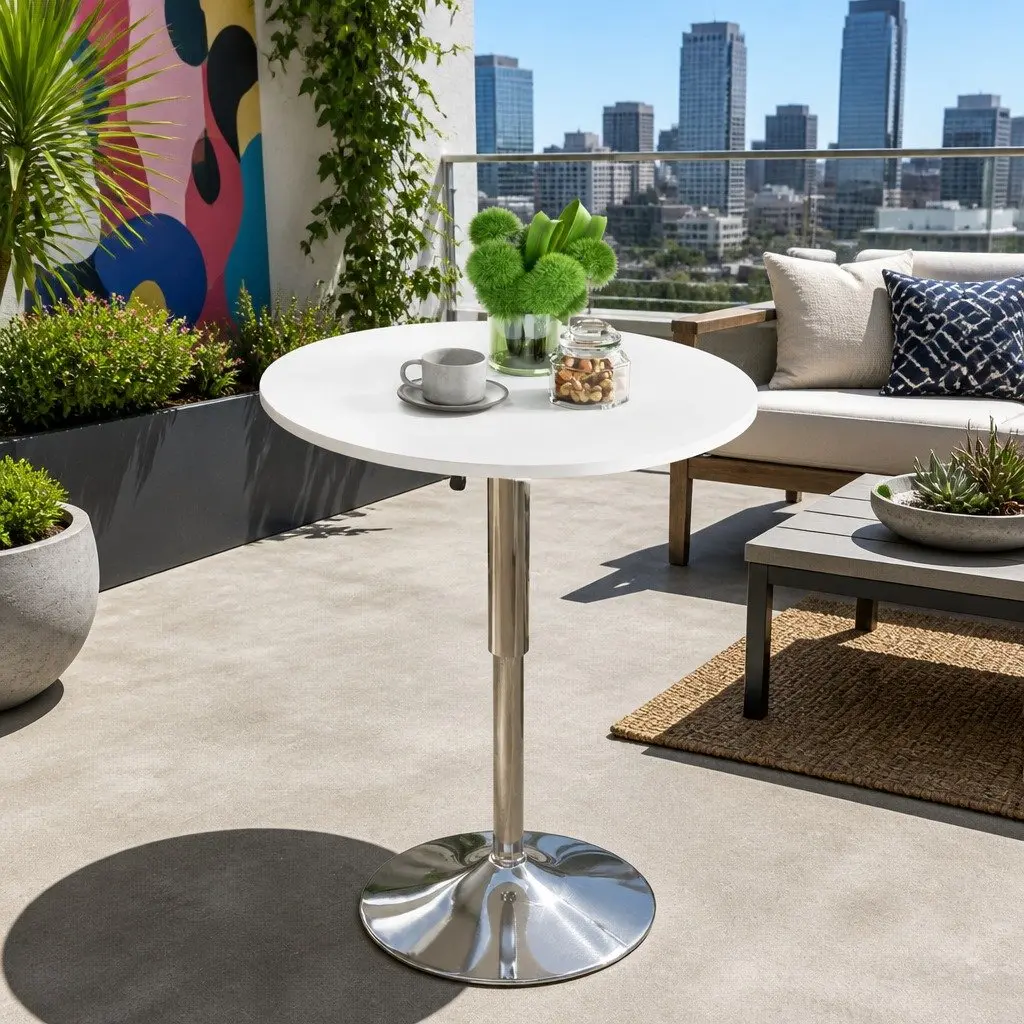 Round Bar Table Height Adjustable MDF Steel White 60cm