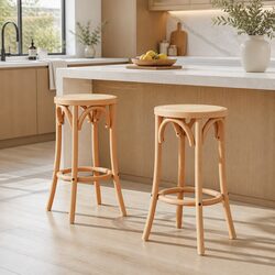 Bar Stools Set of 2 Rattan Seat Wooden Frame Kitchen Dining Room Furniture Pine