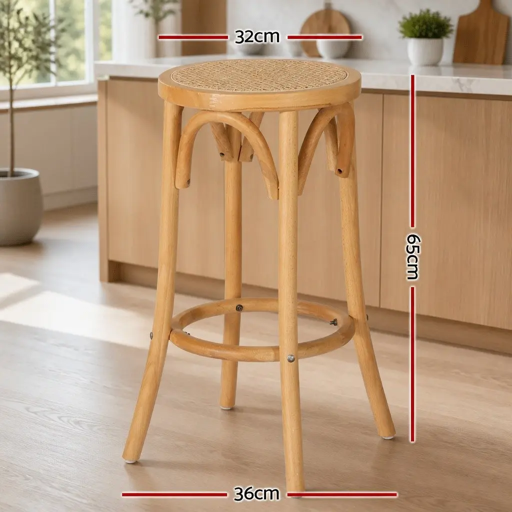 Bar Stools Rattan Seat 65cm Beech Wood Frame Pine Set of 2 Kitchen Dining Room Furniture