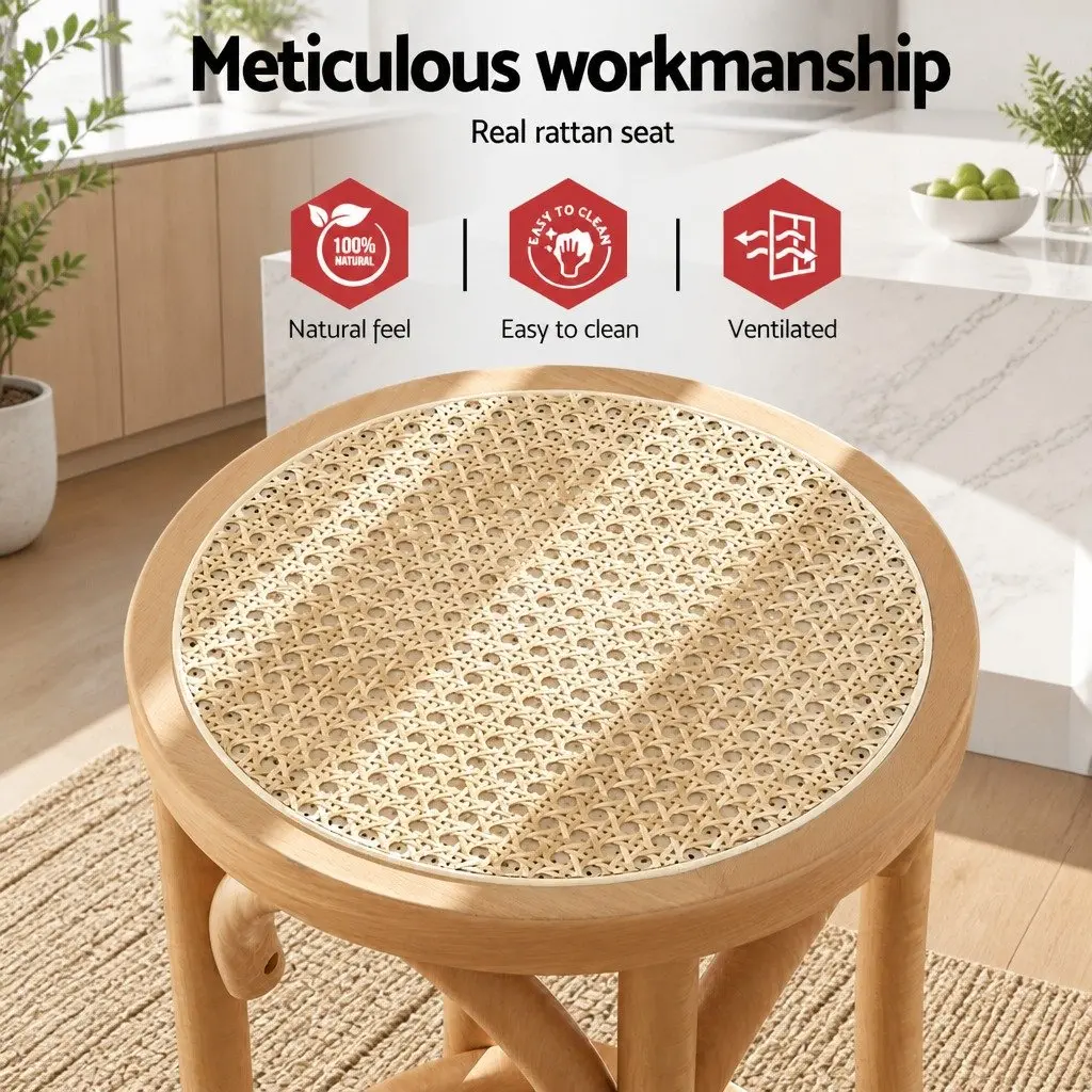 Bar Stools Rattan Seat 65cm Beech Wood Frame Pine Set of 2 Kitchen Dining Room Furniture