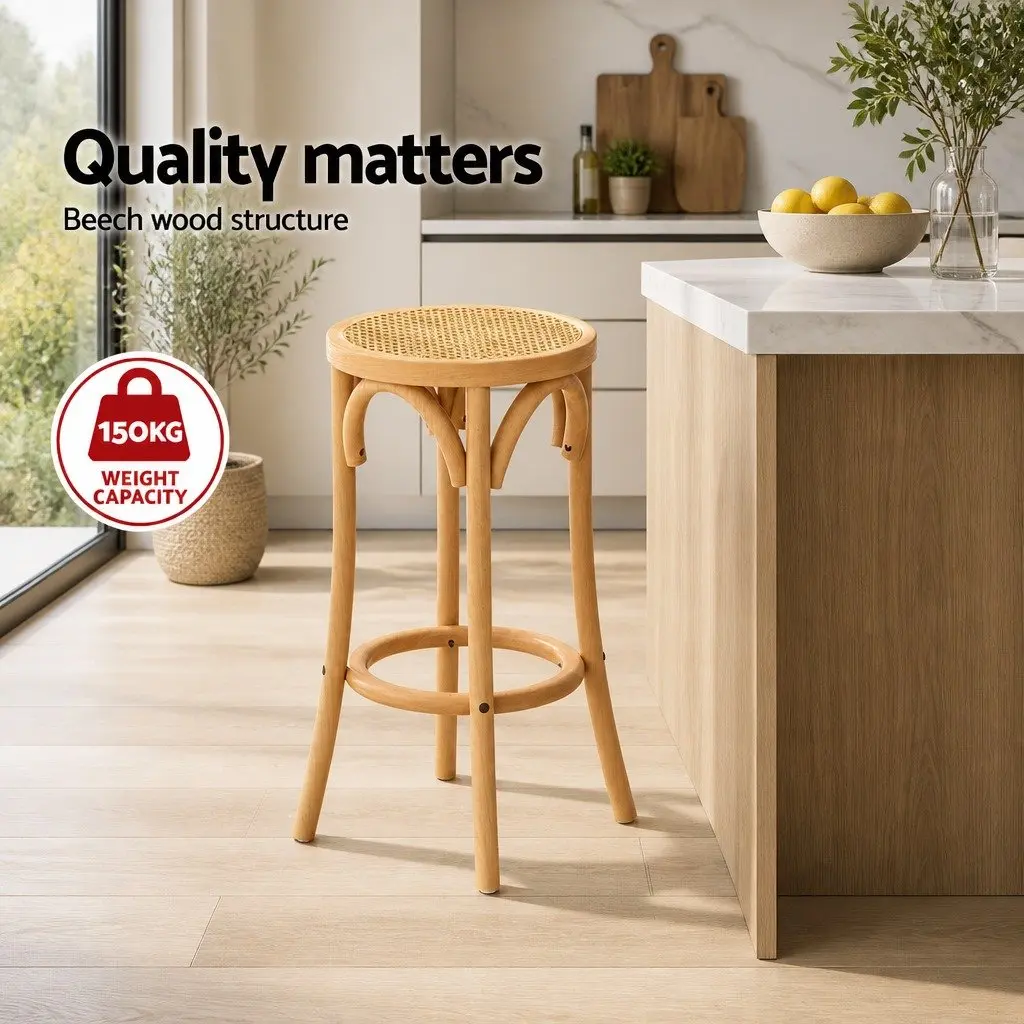 Bar Stools Rattan Seat 65cm Beech Wood Frame Pine Set of 2 Kitchen Dining Room Furniture
