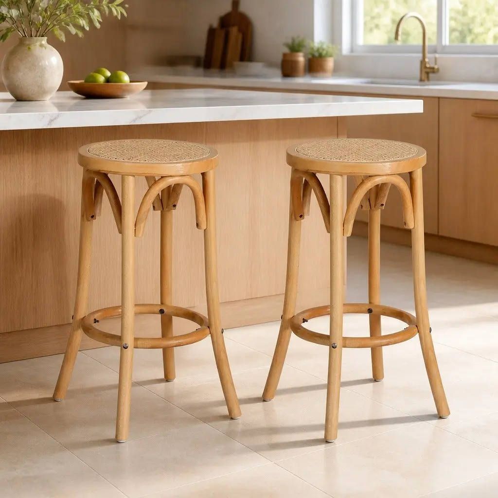 Bar Stools Rattan Seat 65cm Beech Wood Frame Pine Set of 2 Kitchen Dining Room Furniture