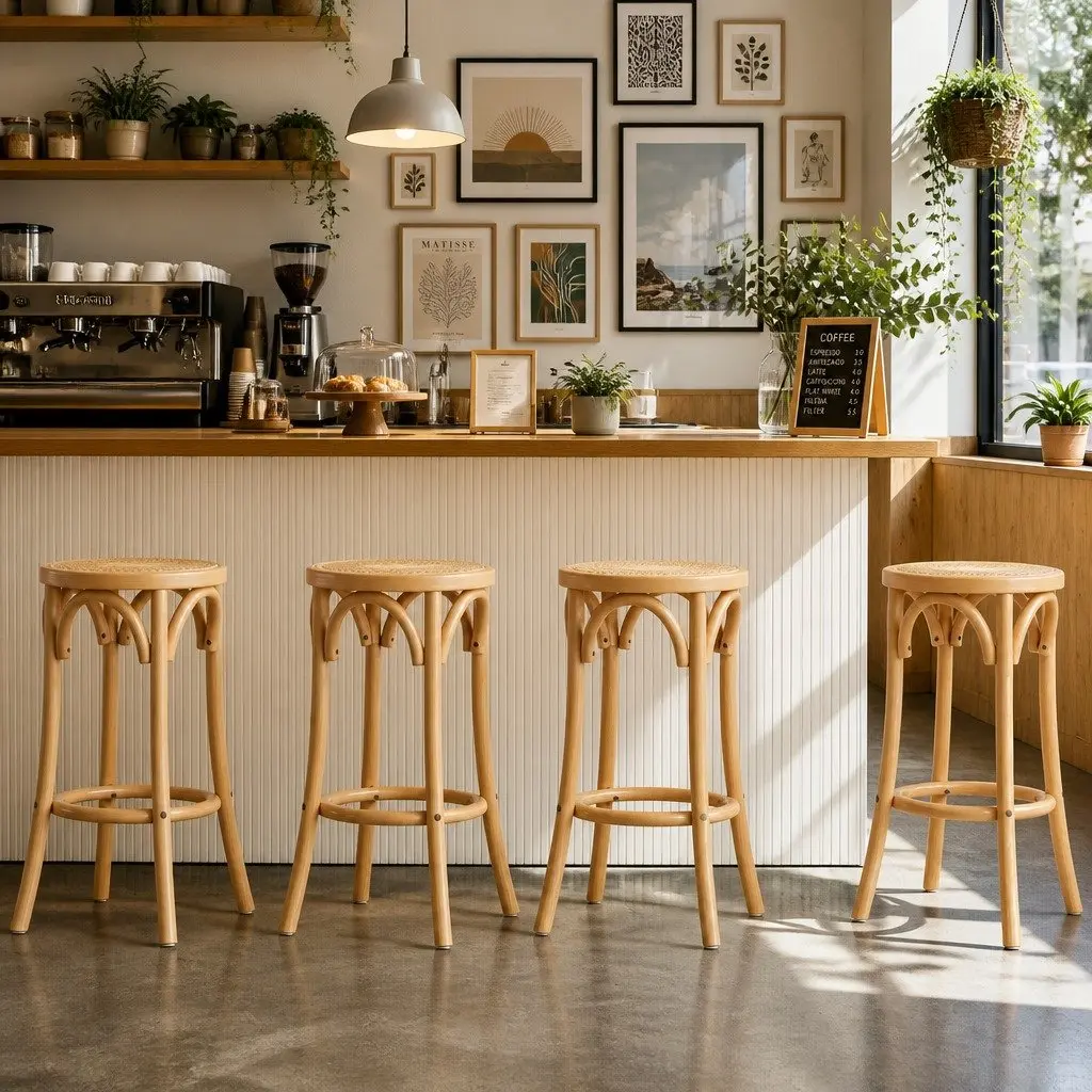 Bar Stools Rattan Seat Wooden Frame Kitchen Height Oak Set of 4