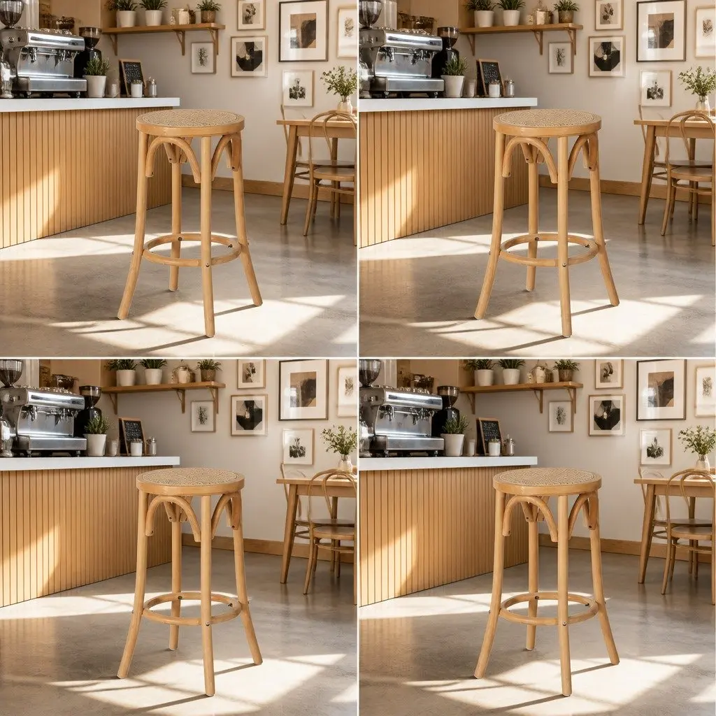 Bar Stools Rattan Seat Wooden Frame Kitchen Height Oak Set of 4