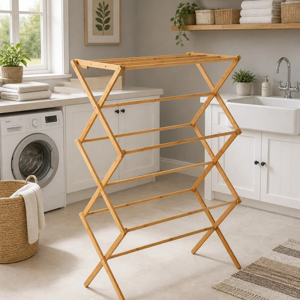 Foldable Bamboo Drying Rack Natural Finish with 11 Bars for Clothes Airer