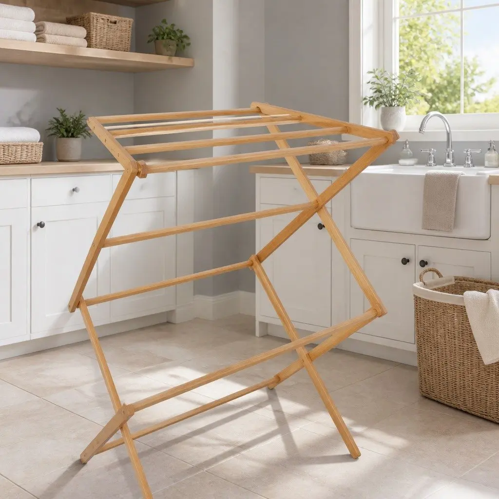Foldable Bamboo Drying Rack Natural Finish with 11 Bars for Clothes Airer