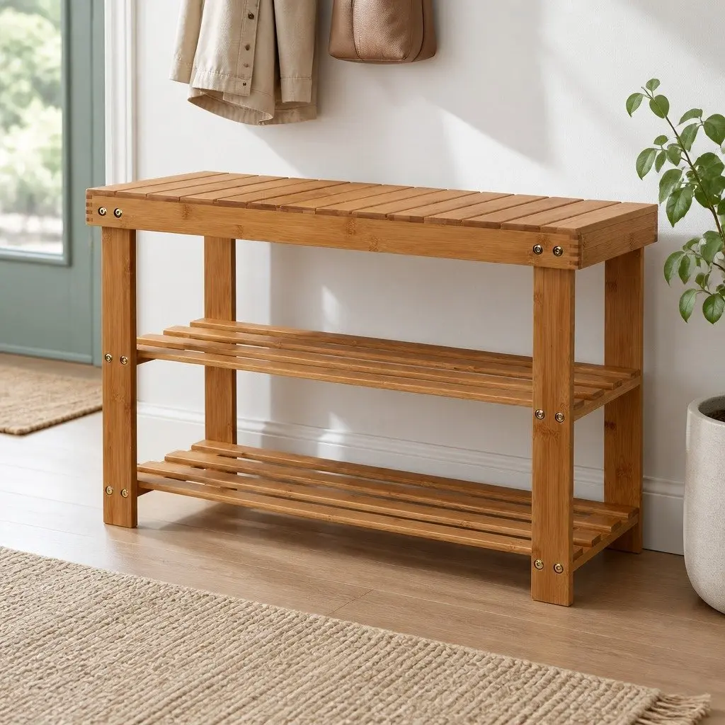 Bamboo Shoe Bench Rack Storage Organizer Natural Wood 70 x 28 x 46 cm Entryway