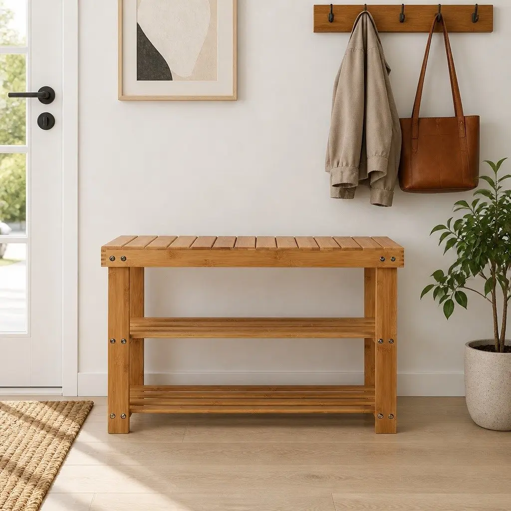 Bamboo Shoe Bench Rack Storage Organizer Natural Wood 70 x 28 x 46 cm Entryway