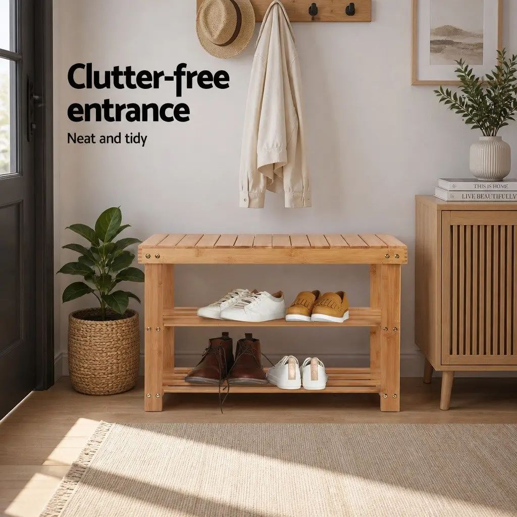Bamboo Shoe Bench Rack Storage Organizer Natural Wood 70 x 28 x 46 cm Entryway