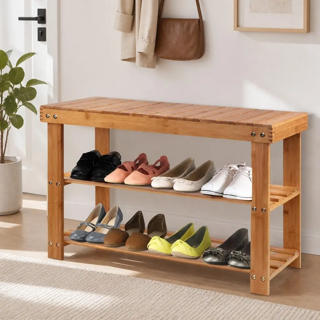 Bamboo Shoe Bench Rack Storage Organizer Natural Wood 70 x 28 x 46 cm Entryway