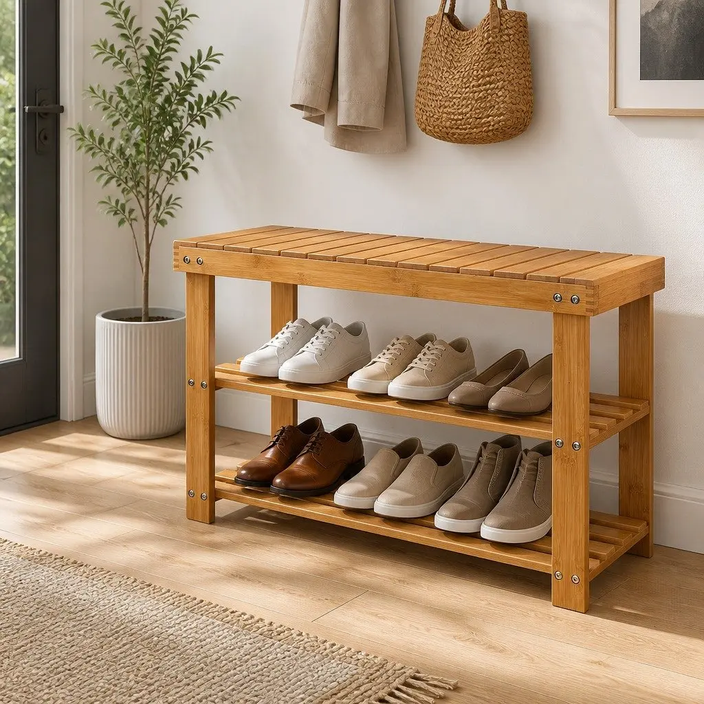 Bamboo Shoe Bench Rack Storage Organizer Natural Wood 70 x 28 x 46 cm Entryway