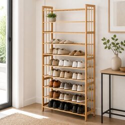 Bamboo Shoe Rack Cabinet 10-Tier Open Storage Organizer Natural Footwear Display