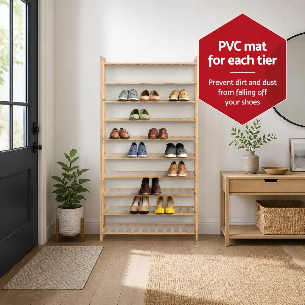10 Tier Open Bamboo Shoe Rack Natural Storage Organizer for Footwear Display Cabinet