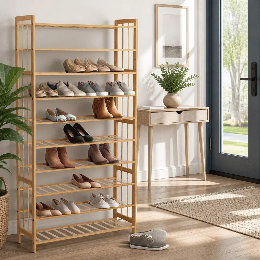 10 Tier Open Bamboo Shoe Rack Natural Storage Organizer for Footwear Display Cabinet