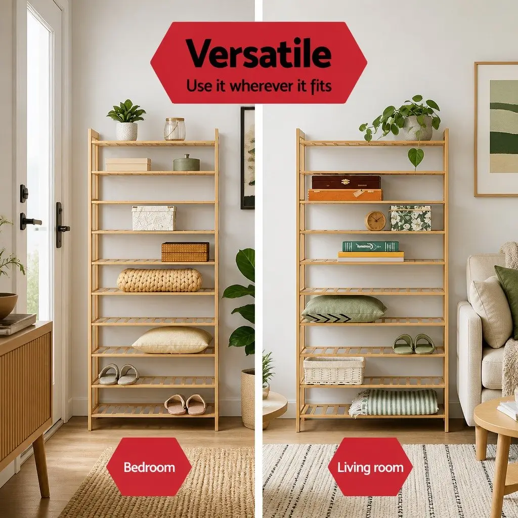 10 Tier Open Bamboo Shoe Rack Natural Storage Organizer for Footwear Display Cabinet