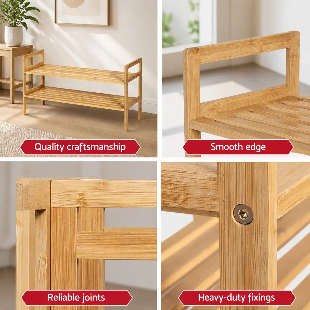 Shoe Rack Cabinet Bamboo 2-Tier Storage Organiser Pine Wood Natural 70cm W x 40cm D x 25.5cm H
