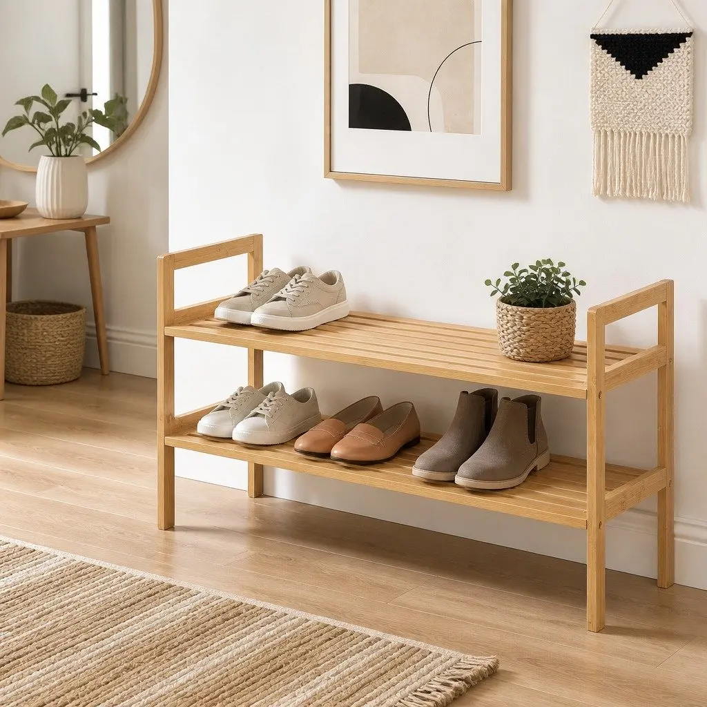 Shoe Rack Cabinet Bamboo 2-Tier Storage Organiser Pine Wood Natural 70cm W x 40cm D x 25.5cm H