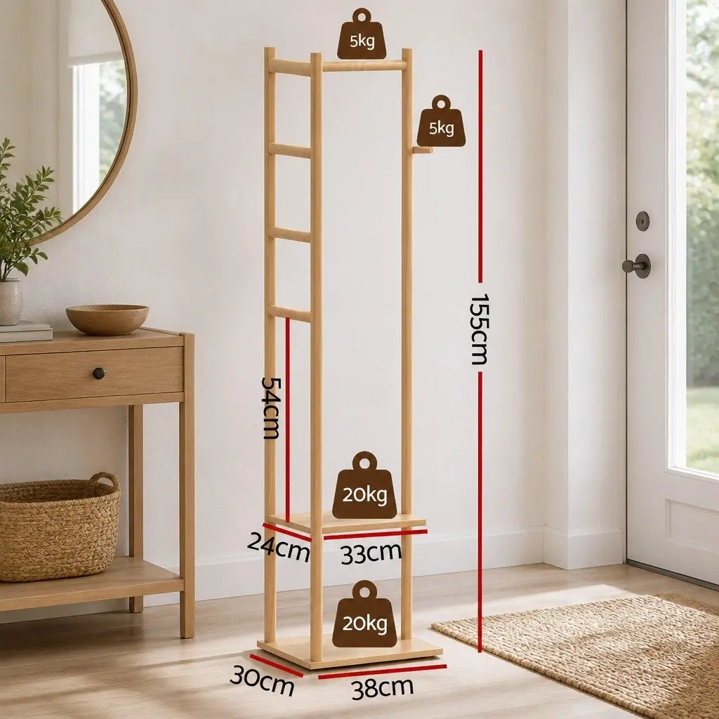 Clothes Rack Airer Coat Stand Bamboo with Hanging Rail Storage Shelf Side Hook
