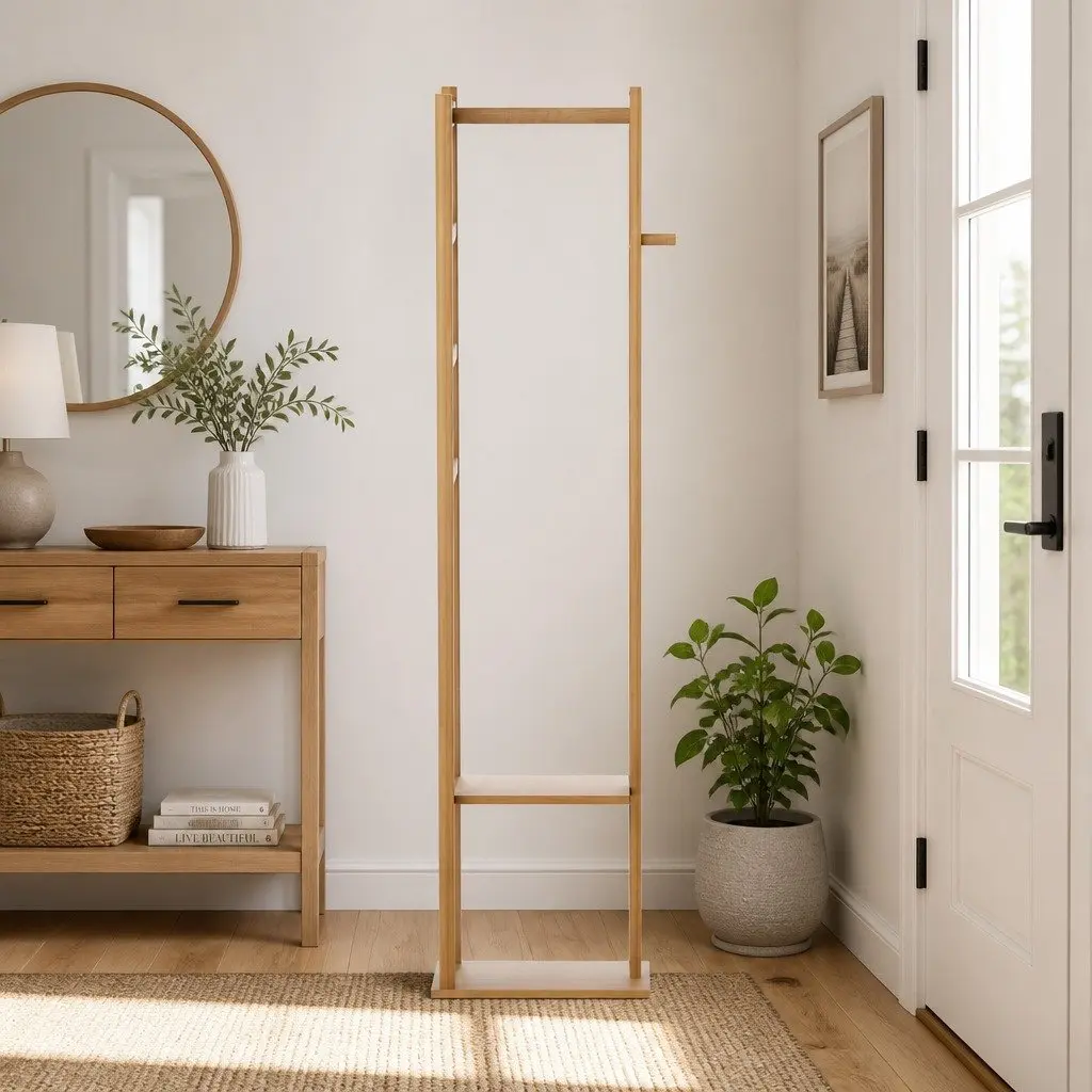 Clothes Rack Airer Coat Stand Bamboo with Hanging Rail Storage Shelf Side Hook