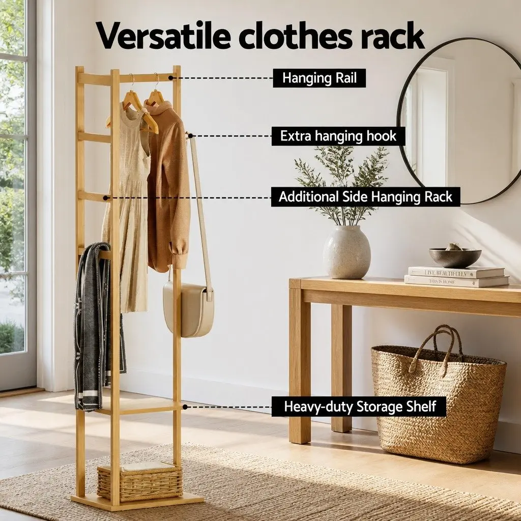 Clothes Rack Airer Coat Stand Bamboo with Hanging Rail Storage Shelf Side Hook