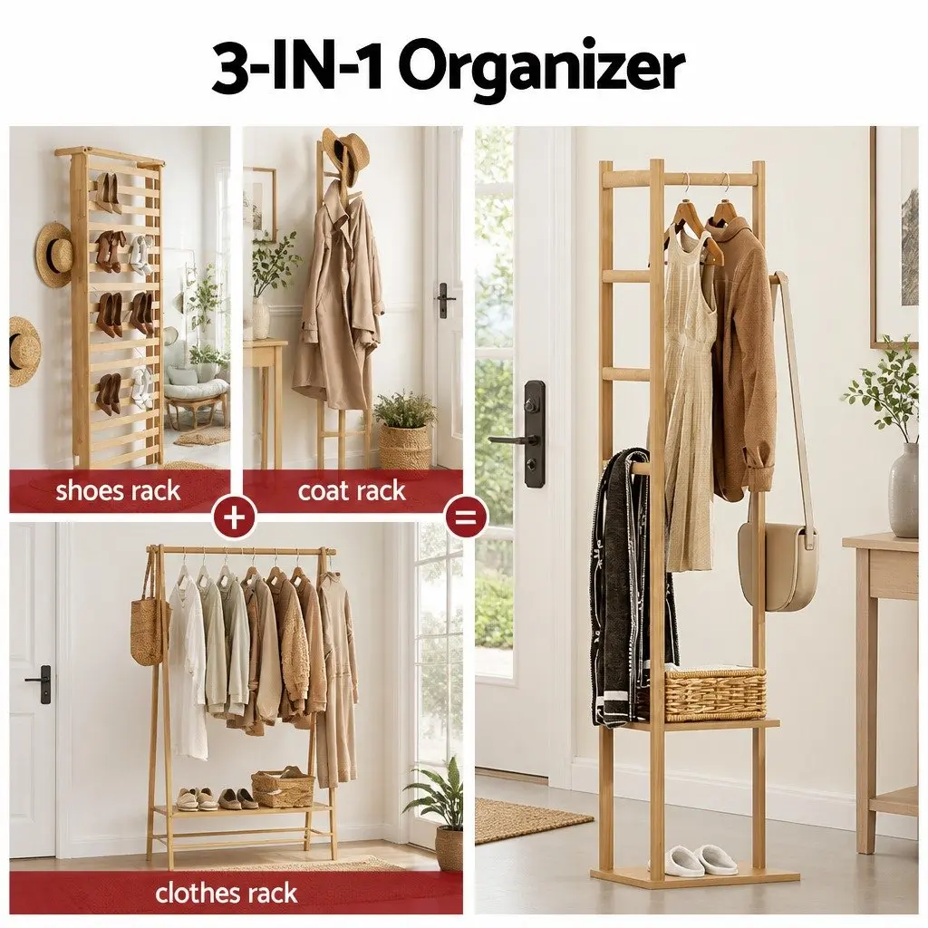 Clothes Rack Airer Coat Stand Bamboo with Hanging Rail Storage Shelf Side Hook