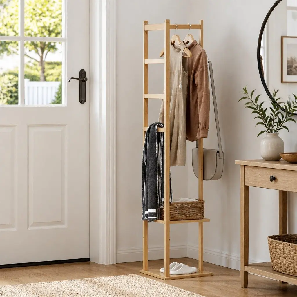 Clothes Rack Airer Coat Stand Bamboo with Hanging Rail Storage Shelf Side Hook