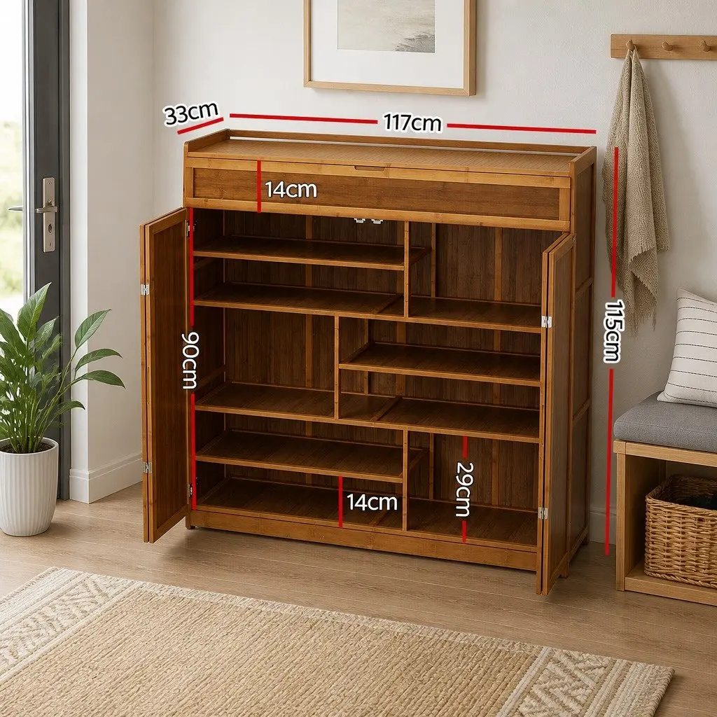Shoe Rack Cabinet Bamboo Melamine 7 Shelves Natural 117 x 33 x 115 cm