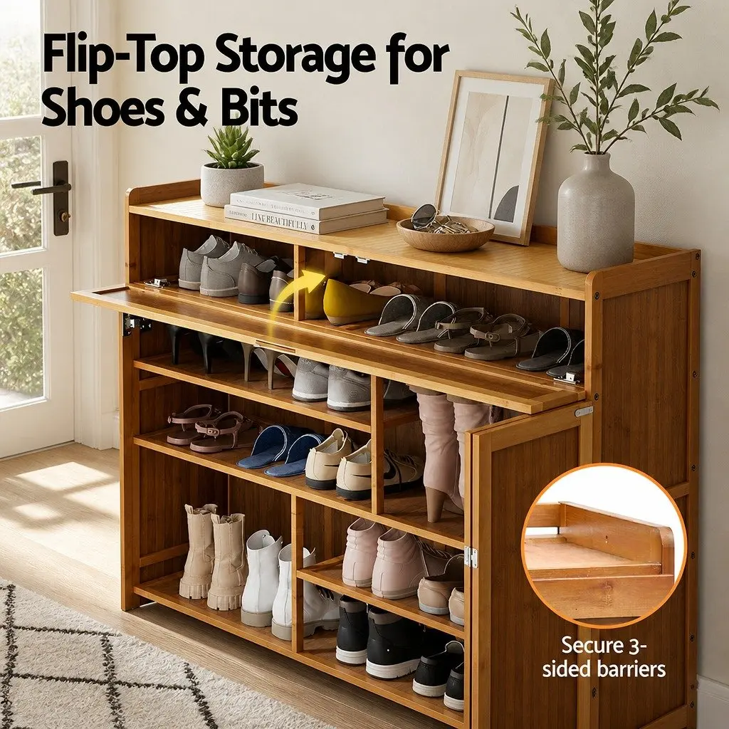 Shoe Rack Cabinet Bamboo Melamine 7 Shelves Natural 117 x 33 x 115 cm
