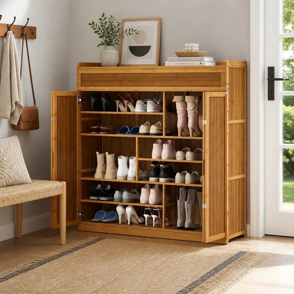 Shoe Rack Cabinet Bamboo Melamine 7 Shelves Natural 117 x 33 x 115 cm