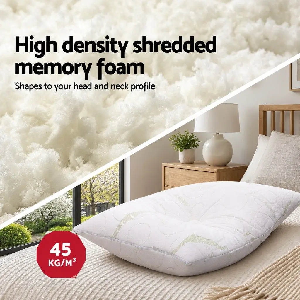 Memory Foam Pillow Bamboo Fabric Twin Pack 70x40cm White Shredded Foam