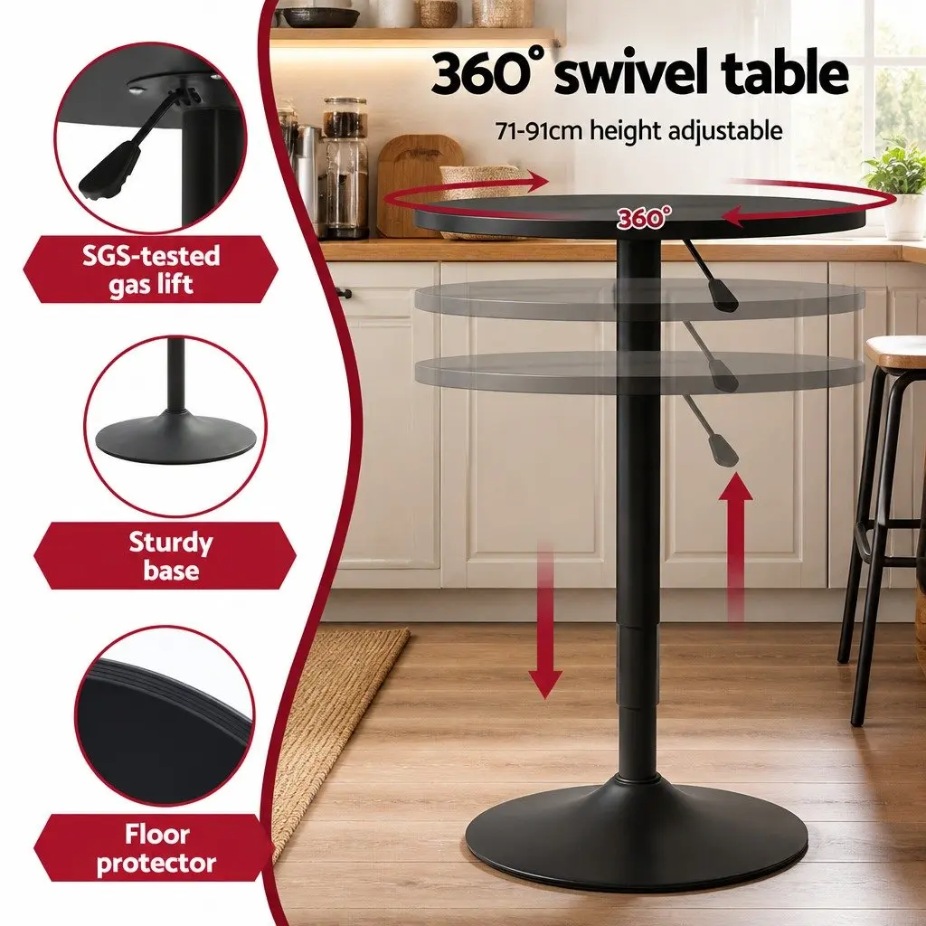 Bar Stools and Table Set 3-Piece Height Adjustable MDF Steel Black