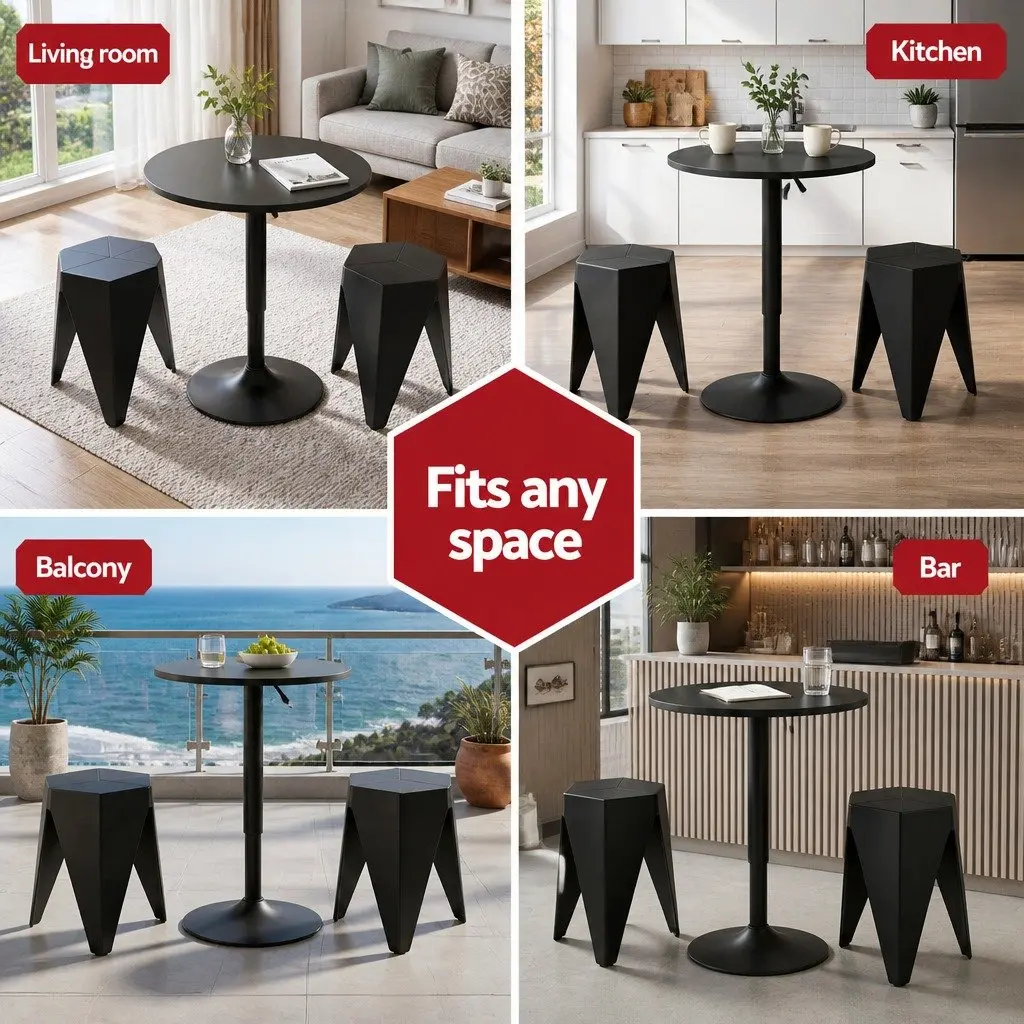 Bar Stools and Table Set 3-Piece Height Adjustable MDF Steel Black