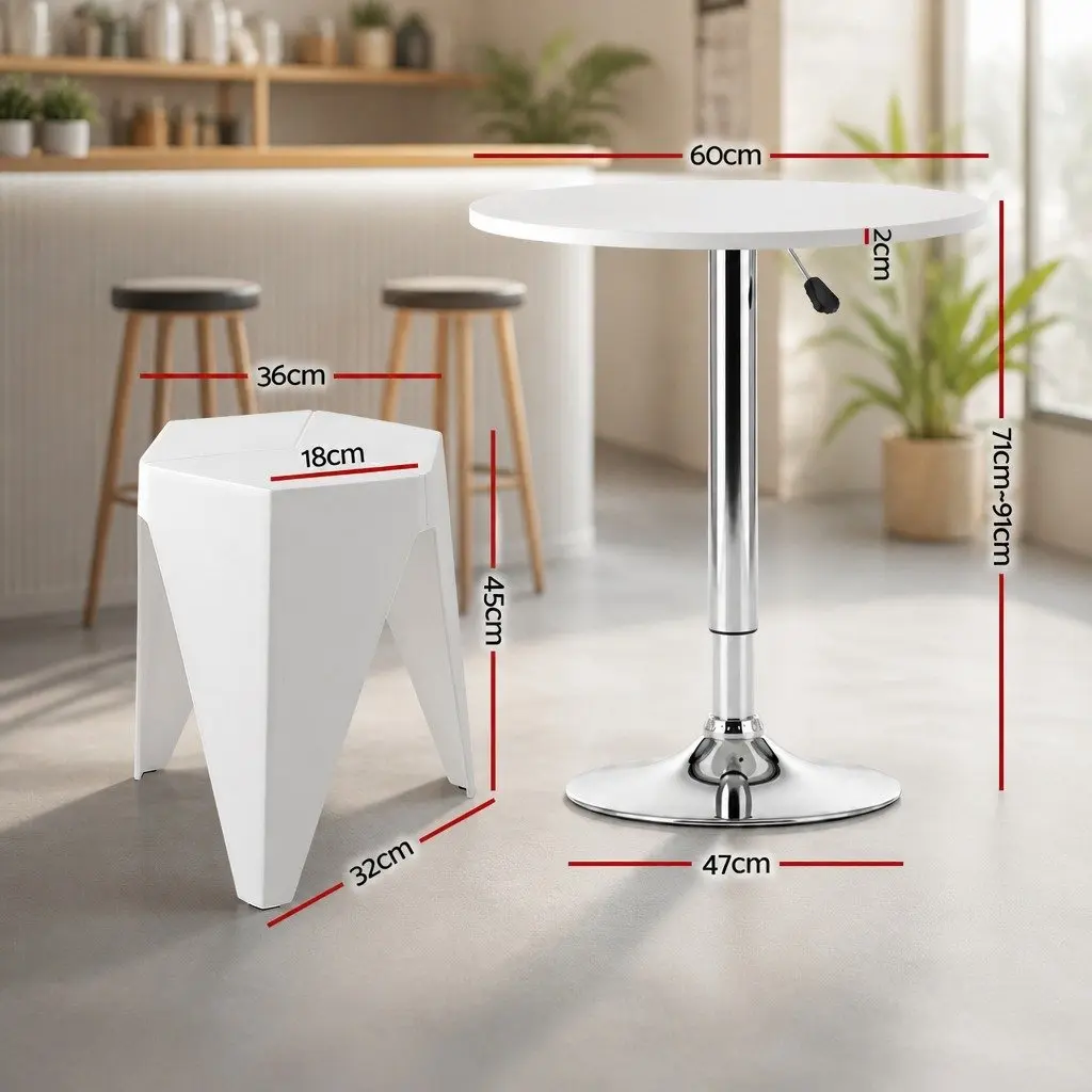 Bar Stools and Table Set 3 Piece MDF Steel White Height Adjustable Swivel Stackable