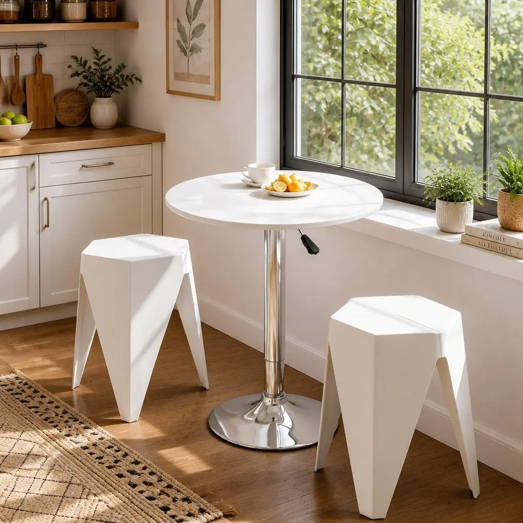 Bar Stools and Table Set 3 Piece MDF Steel White Height Adjustable Swivel Stackable