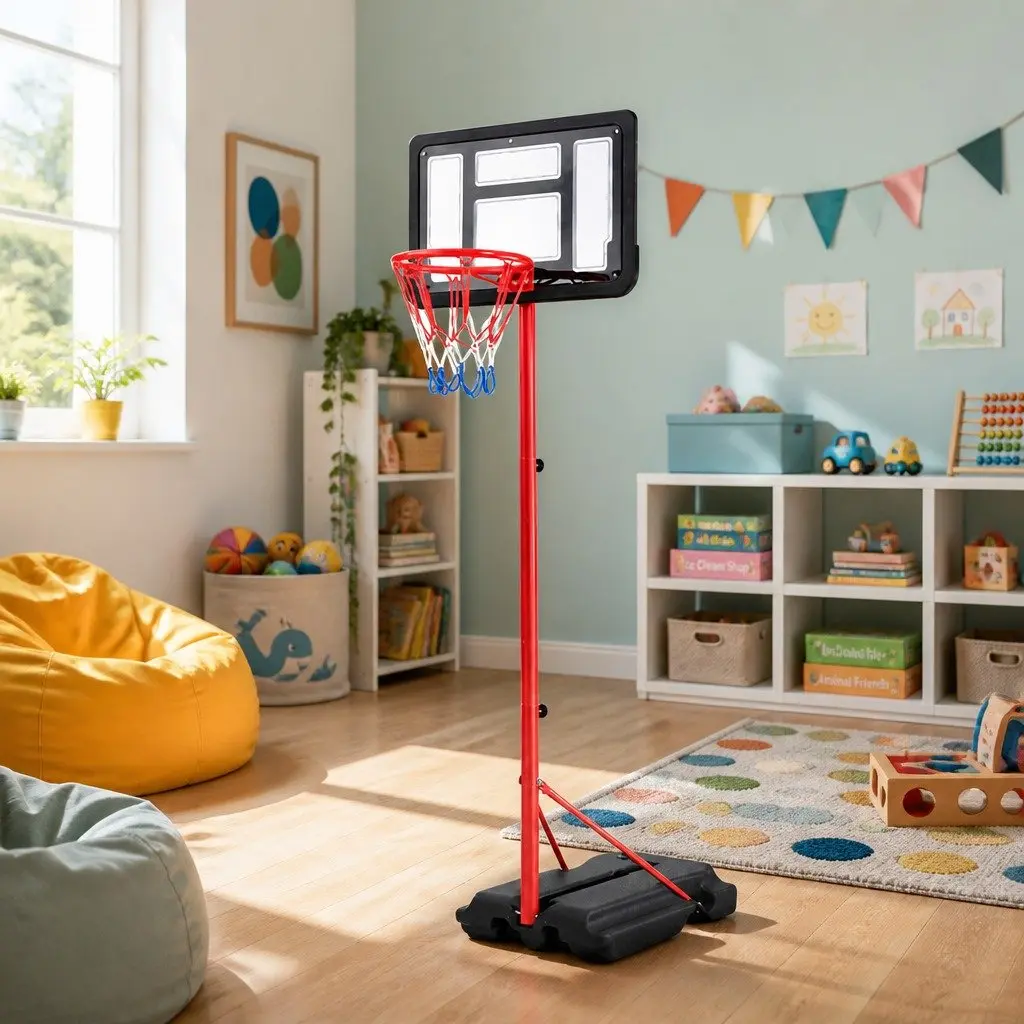Kids Basketball Hoop Stand System Adjustable Steel Frame 1.15m to 1.6m HDPE Backboard