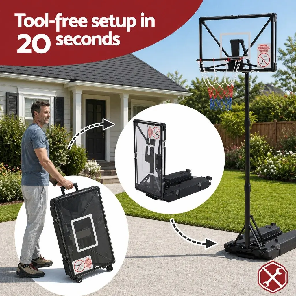 Portable Basketball Hoop System Adjustable Foldable Stand 0.94m to 2.07m Height