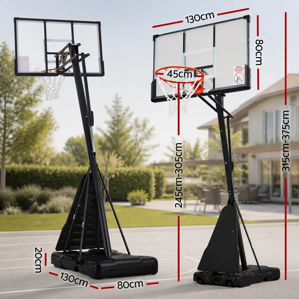 Basketball Stand System Portable Adjustable Height 3.05M with Polycarbonate Backboard and Reinforced Steel Frame in Black