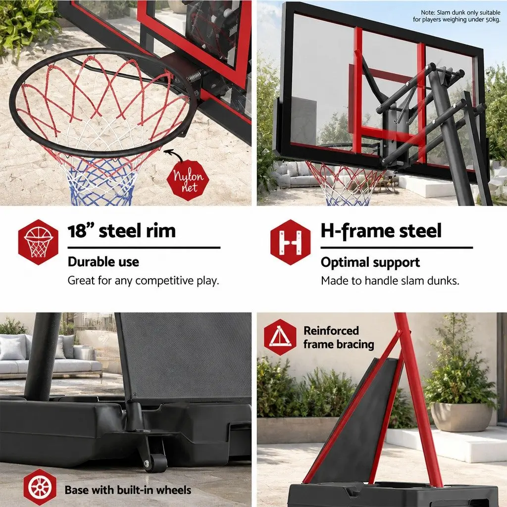 Portable Basketball Hoop Stand System Adjustable Height 2.4m to 3.05m Red Polycarbonate Backboard