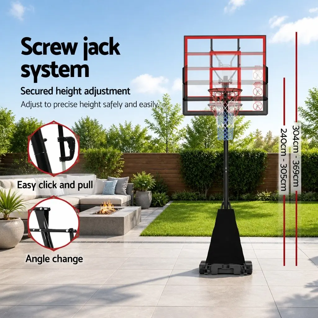 Portable Basketball Hoop Stand System Adjustable Height 2.4m to 3.05m Red Polycarbonate Backboard