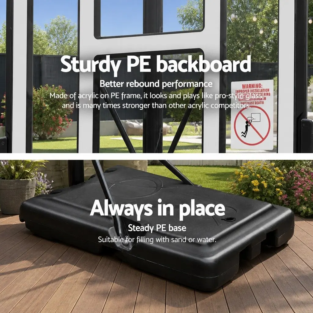 Basketball Stand System Adjustable Portable Acrylic Backboard Height 2.45m to 3.05m Heavy Duty Base with Roller Wheels