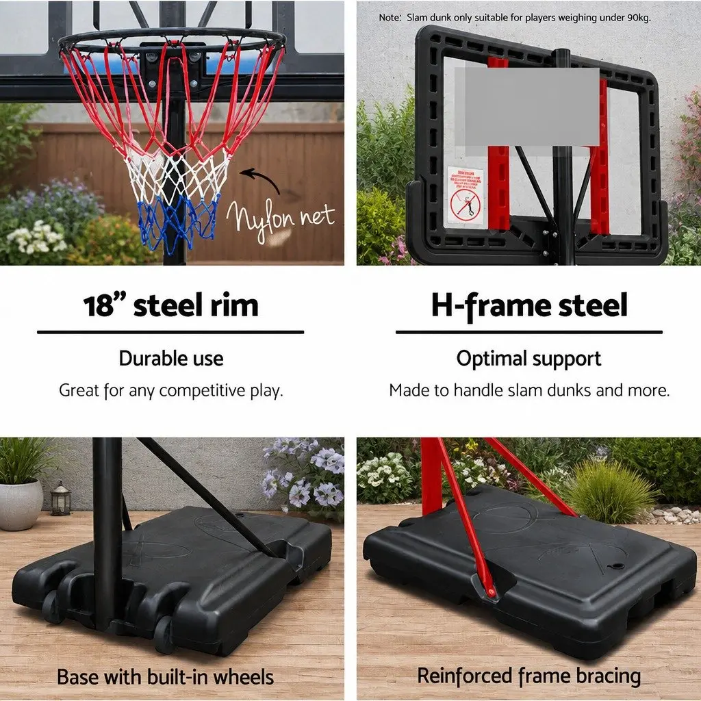 Basketball Stand System Adjustable Portable Acrylic Backboard Height 2.45m to 3.05m Heavy Duty Base with Roller Wheels