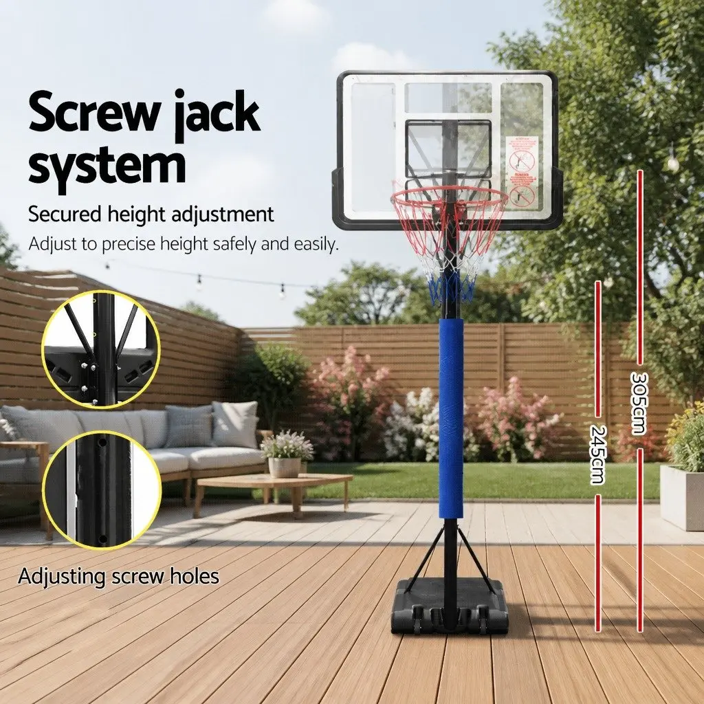 Basketball Stand System Adjustable Portable Acrylic Backboard Height 2.45m to 3.05m Heavy Duty Base with Roller Wheels