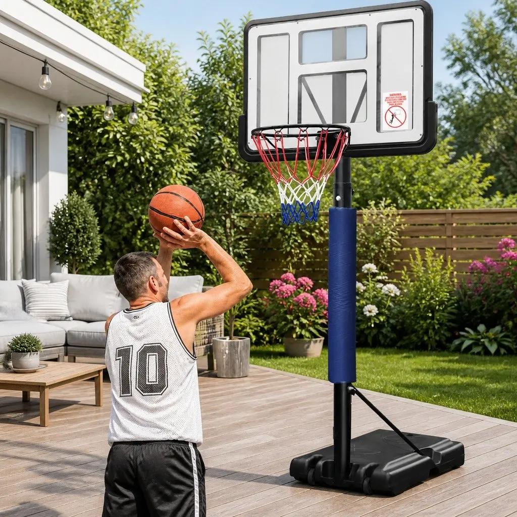 Basketball Stand System Adjustable Portable Acrylic Backboard Height 2.45m to 3.05m Heavy Duty Base with Roller Wheels